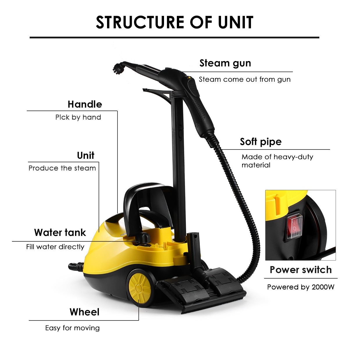 Steam Cleaner 2000w 1.5L 13 in 1 Yellow - Image 2