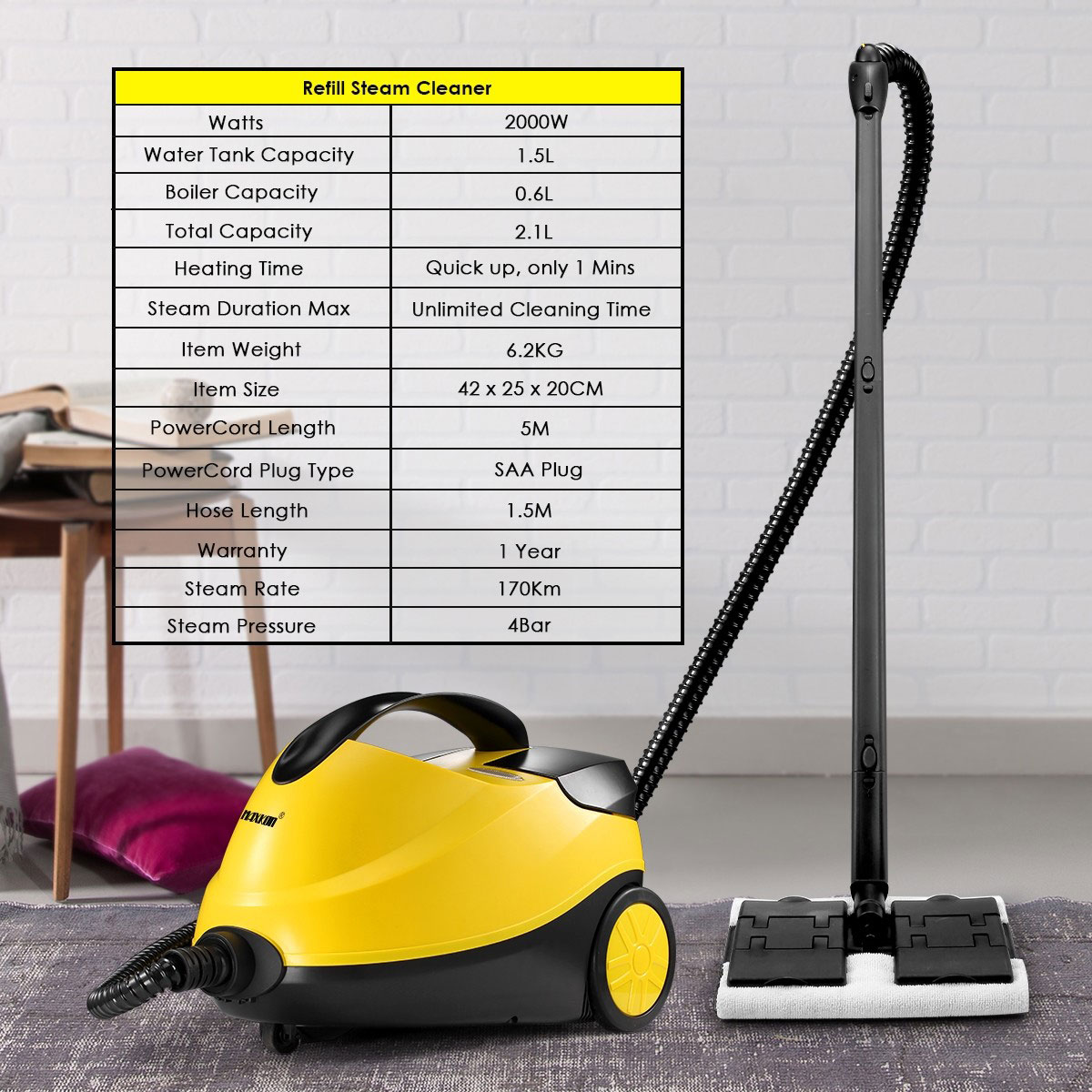 Steam Cleaner 2000W 3.4L 13 in 1 Yellow - Image 6